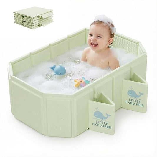 Foldable Baby Bathtub for Ages 0–6, Portable Toddler Bathtub for Shower, Collapsible Kids Bath Tub with 4 Support Legs, Anti-Slip Bottom & Dual Drain Holes, Space-Saving Travel Bath (Light Green)