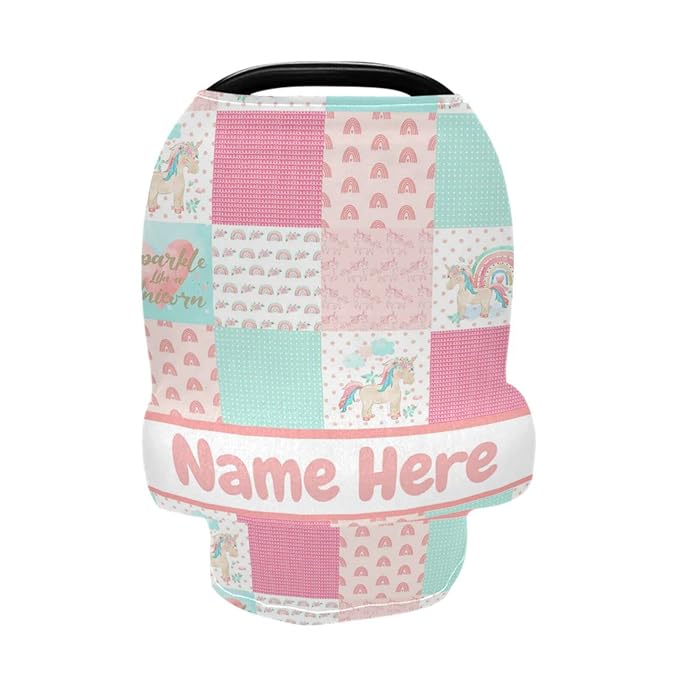 Personalized Colorful Rainbow Baby Car Seat Cover for Babies with Name, Custom Pink Baby Car Seats Canopy for Girls, Nursing Breastfeeding Stroller Covers Infant Car Seat Blanket for Newborn