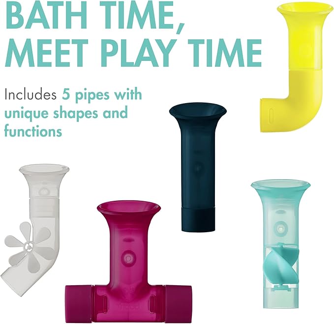 Boon Pipes Toddler Bath Toys - Bathtub Building Toys with Suction Cups - Toddler Sensory Toys and Bathtub Essentials - Multicolored - 5 Count - Kids Ages 12 Months and Up