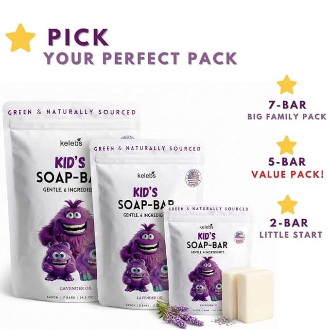 KELEBS Kids Soap Bar, Gentle Lavender Soap, Kids Body Wash Bar, Natural Bar Soap for Kids & Family, with Organic Lavender Oil, Naturally Scented, 7 Bars