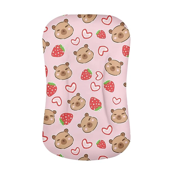 Heart Strawberry Capybara Baby Lounger Cover for Girls Newborn Lounger Covers Removable Sleeping Baby Nest Slipcover Soft Comfortable Snuggle Me Cover 31.5'' x 21.3''