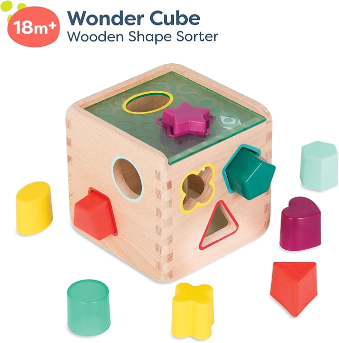 B. toys – Wonder Cube– Developmental Toy– Wooden Shape Sorter Cube – 9 Colorful Shapes – Educational Wooden Toy for Toddlers, Kids – 18+ Months