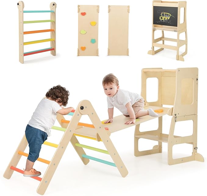 Olakids Pikler Triangle Set 8 in 1 Climbing Toys for Toddlers Foldable Wood Montessori Jungle Gym with Toddler Tower Angle Adjustable Ladder Ramp Slide Indoor Playground Baby Climber