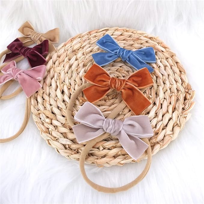 Sugarmelon Velvet Bow Soft Stretchy Headbands for Newborn Infant Toddlers Hair Bow Elastic Bands Baby Girls Nylon Hairband (3.2'' Ambrosia 24 PCS)