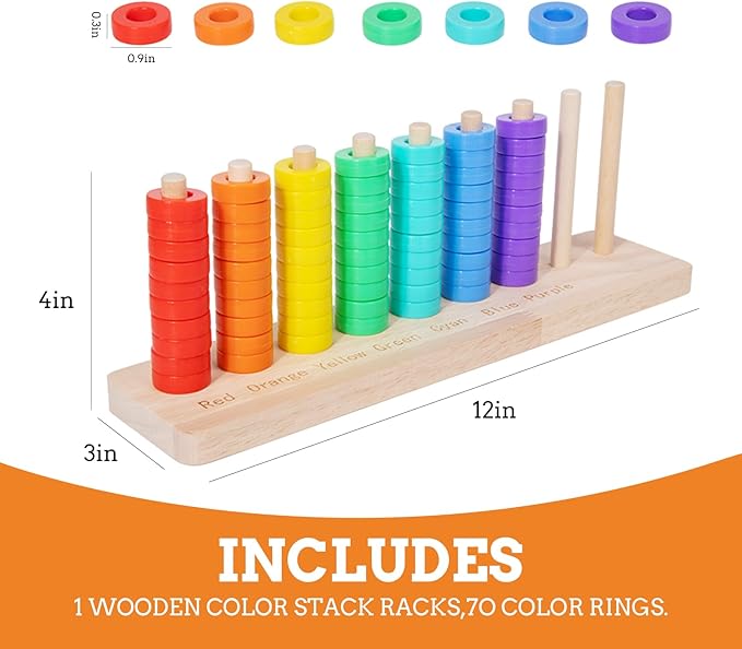 Wooden Color Sorting Stacking Toys, Montessori Toys Rainbow Rings Game, Wooden Sorting & Stacking Toys for Toddlers, Color Recognition Sensory Toy Educational for Ages 3 and Up Boys Girls Gift