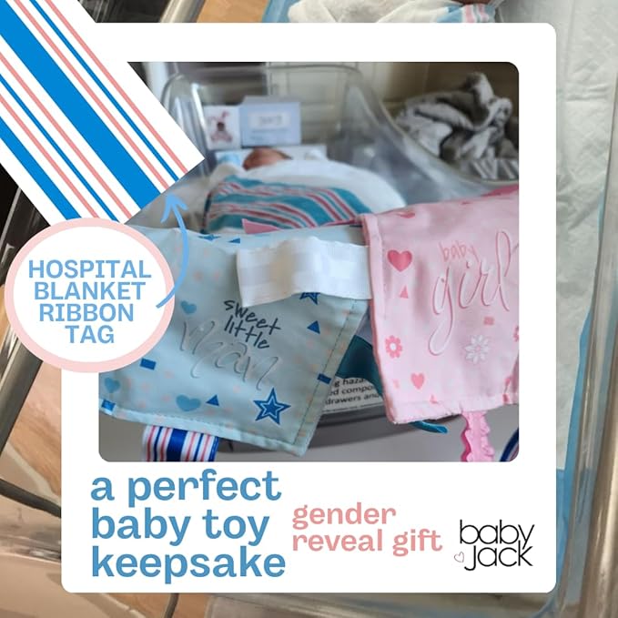 Baby Jack & Co 8x8” Learning Lovey Baby Girl Newborn Gender Reveal Tag Stroller Toy for Babies - Crinkle Toys for Developing Five Senses - Pink Hospital Blanket - Shower Gift - BPA Free Clip
