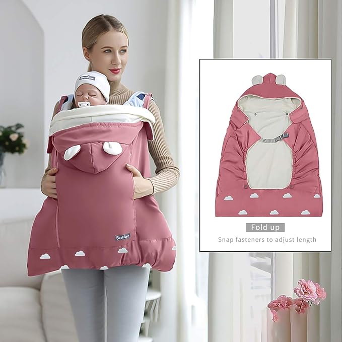 SONARIN Universal All Seasons Weather Cover for Baby Carrier,Cloak for Winter Warm,Footmuff,Windproof,Waterproof,Detachable hat(Pink)