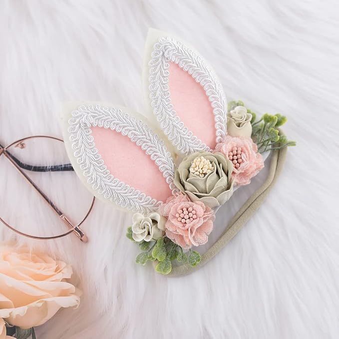 KIDOCHEESE Bunny Rose Ears Easter Headbands Baby Girls Flower Crown Spring Headbands (C)