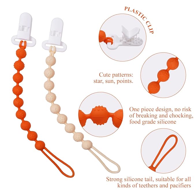 4 Pcs Brown Baby Silicone Teething Pacifier Clip,One-piece Design,Round Shape,Textured Surface,BPA Free.