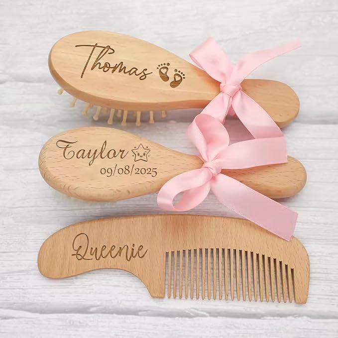 Personalized Baby Hair Brush And Comb Set For Boy Girl Newborn, Custom Wooden Toddler Hair Brush Set With Soft Goat Bristle, Cradle Cap Comb, Keepsake Gift For Baby