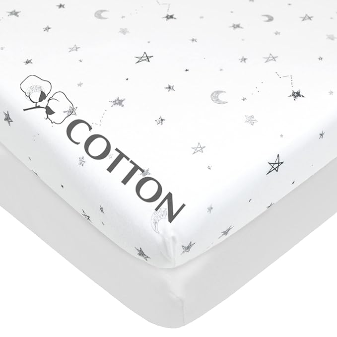 American Baby Company 2 Pack 100% Natural Cotton Fitted Pack and Play Sheets 39" x 27" - Soft & Breathable Pack N Play Sheets for Playard & Mini Crib Mattress, Gray Star and White, for Boys & Girls
