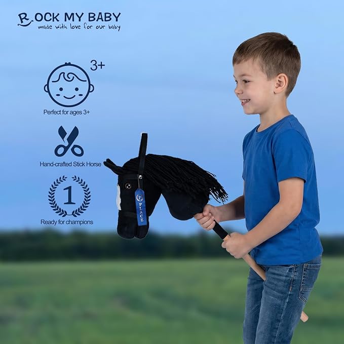 ROCK MY BABY Hobby Horse Plush Stuffed Stick Horse with Award Ribbon for Boys and Girls 3+ Fun Toys for Pretend Play (Black) CPC Certified
