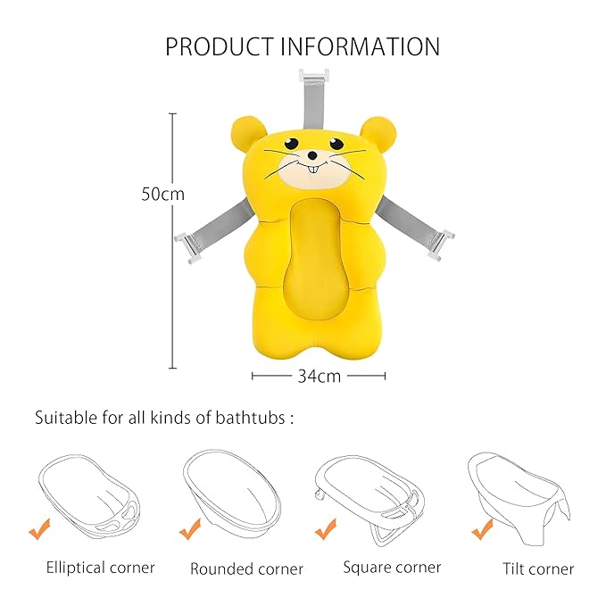 SONARIN Baby Bath Pad,Non-Slip Baby Bath Cushion Mat Infant Floating Bathtub Pad Newborn Bath Tub Seat Mat Soft Bath Pillow for Tub Adjustable Baby Shower Support Seat for Baby 0-12 Months(Yellow)