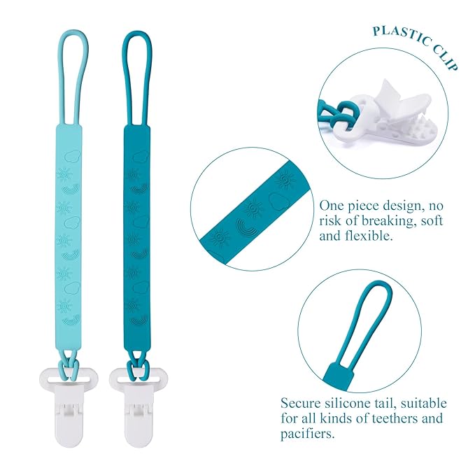 One Piece Design Silicone Pacifier Clip Holder for Baby Boys and Girls,Pack of 4 Flexible Paci Leash,Binky Clips,Newborn Essentials (Sun & Cloud & Rainbow, Green)