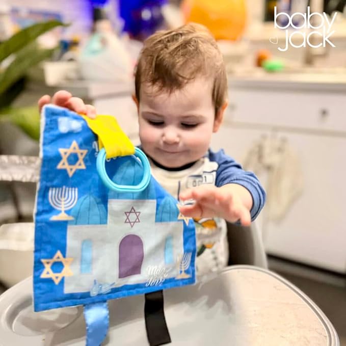 The Learning Lovey Baby Jack & Co 8x8” First Hanukkah, Passover, Shabbat, Rosh Hashanah, Yom Kippur, Sukkot, Purim.. Look & find The Star of David, Dreidel, Menorah on Crinkle Tag Toy