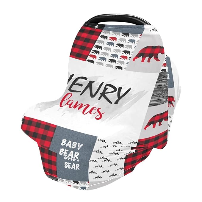 Personalized Baby Car Seat Covers with Name, Custom Woodland Bear Nursing Cover Breastfeeding Scarf for Babies, Carseat Canopy for Boys Girls, Infant Stroller Cover, Multiuse Carseat Cover