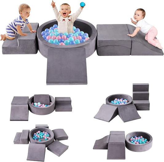 Toddler Climbing Toys Indoor for 1-3, Baby Foam Climbing Blocks with Ball Pit, Climbing Toys for Toddlers 1 Year Old, Baby Soft Play Set Modular Crawling Sliding Play Activity (Balls Not Included)