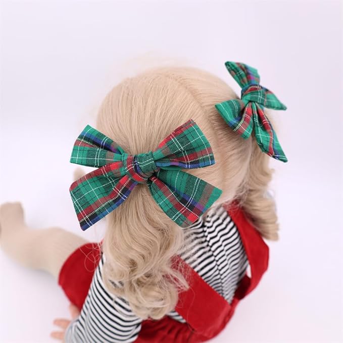 Set of 4 Tartan Green Bow Hair Clips for Little Girls Toddler Baby Mom Women Hair Barrettes Accessories 3 Styles School Uniform Plaid Bows