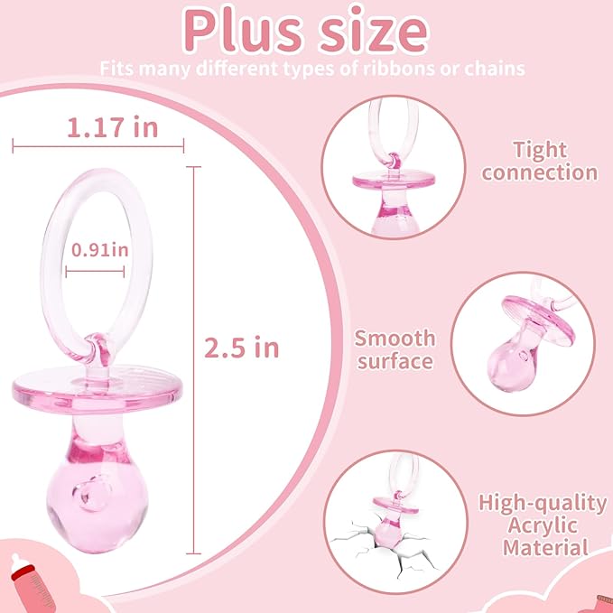 36 Pieces Acrylic Pacifiers for Baby Shower Games Girl, 2.5'' Baby Shower Pacifiers, Bulk Pacifier for Hunt Games, Gender Reveal Table Scatter, Party Favors Decoration(Pink)