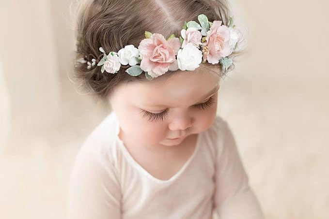 Flower Girl Flower Crown Pink Baby Girls Floral Headpieces Kids Headband Children Hair Wreath Photo Prop (Blush pink-Child Size)