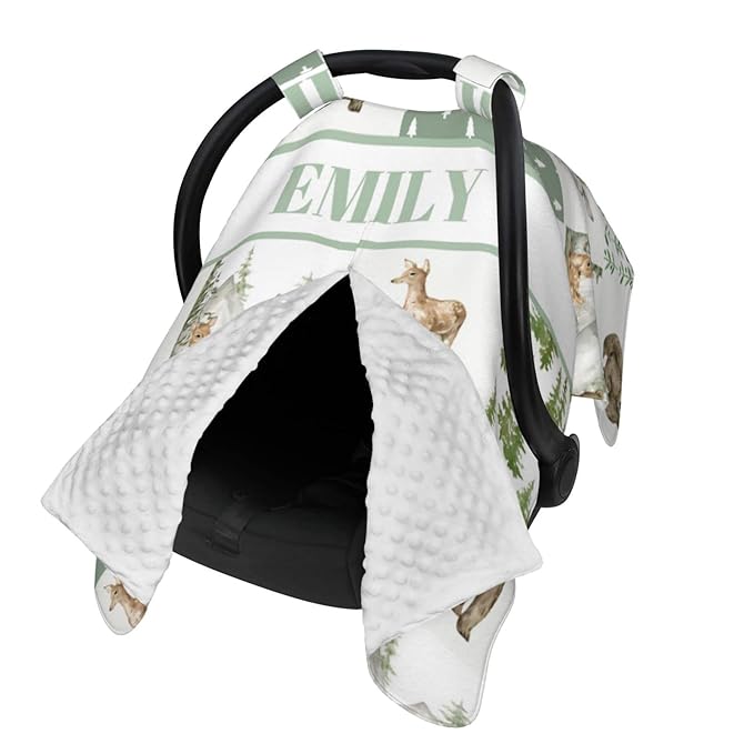 Personalized Baby Car Seat Canopy for Babies, Custom Name Car Seat Covers for Boys and Girls, Opening Minky Nursing Breastfeeding Cover for Infant, Carseat Canopies for Newborn (Wild Animals)