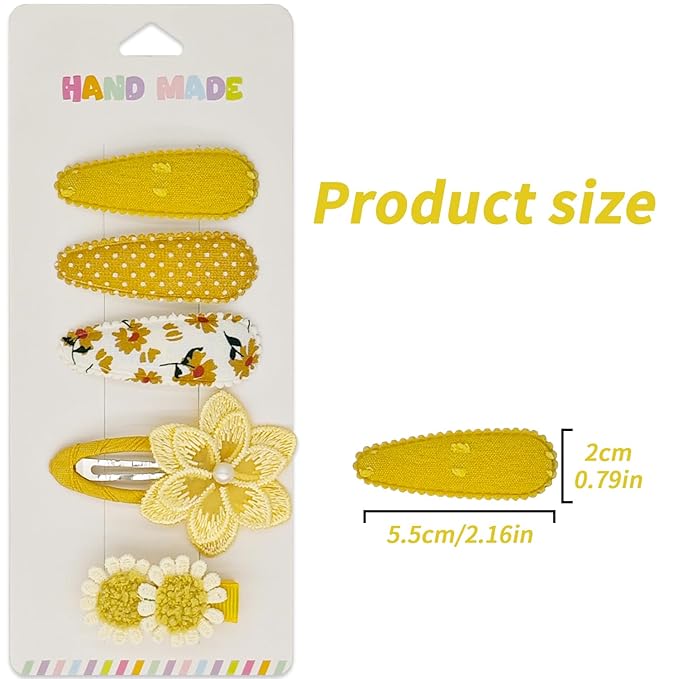 5Pcs Baby Hair Clips for Girls Toddler, 4 Snap Clips + 1 Fully Wrapped Alligator Clip, Soft Creamy Yellow Floral Set with Faux Pearl, Non Slip Toddler Hair Clips Safe for Newborn Infants