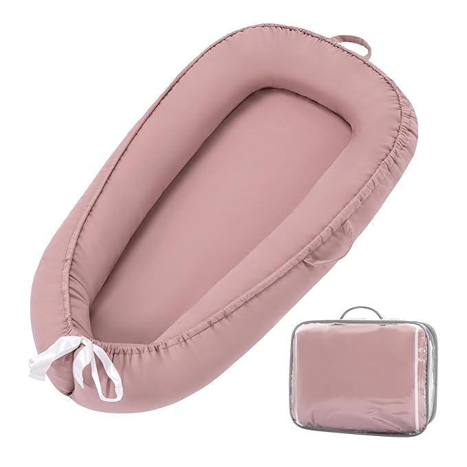 Alened Baby Lounger for Newborn 0-12 Months, Portable Infant Lounge on Floor for Supervised Tummy Time, Babies Support Pad with Breathable Cotton for New Born Awake Use Only - Pink