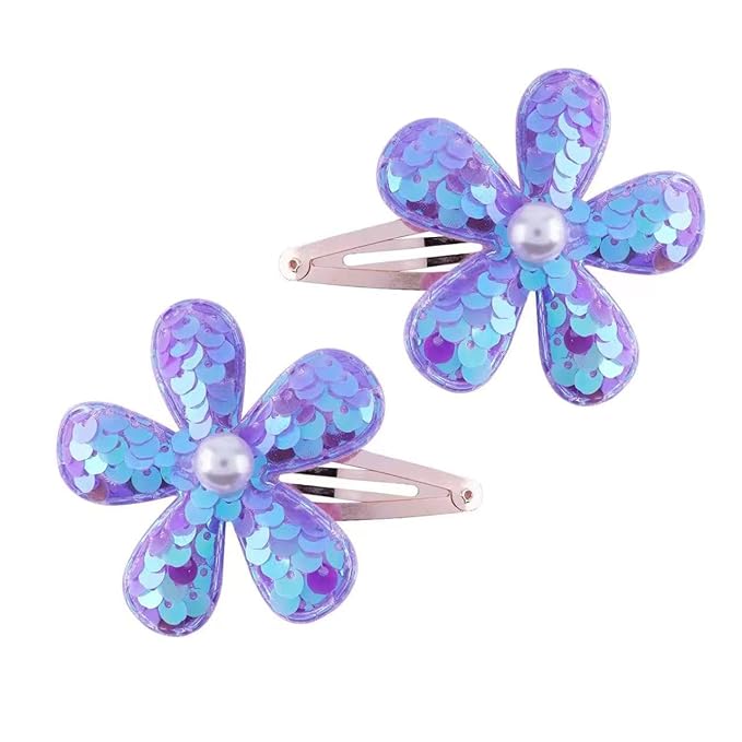 2Pcs Sequins Flower Hair Clips for Girls Cute Snap Hair Clips with Pearl Hair Barrettes Spring summer Hair Accessories Birthday Party Supplies (Purple;)