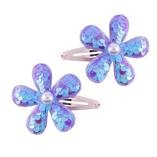 2Pcs Sequins Flower Hair Clips for Girls Cute Snap Hair Clips with Pearl Hair Barrettes Spring summer Hair Accessories Birthday Party Supplies (Purple;)
