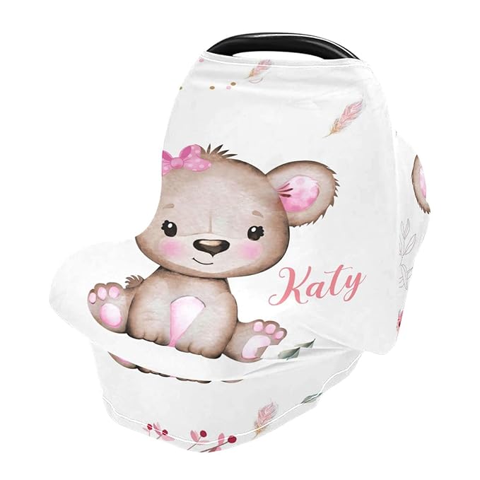 Personalized Baby Car Seat Covers with Name, Custom Nursing Cover Breastfeeding for Babies, Carseat Canopy for Girls, Infant Stroller Cover for Winter, Breathable Carseats Cover (Cute Little Bear)