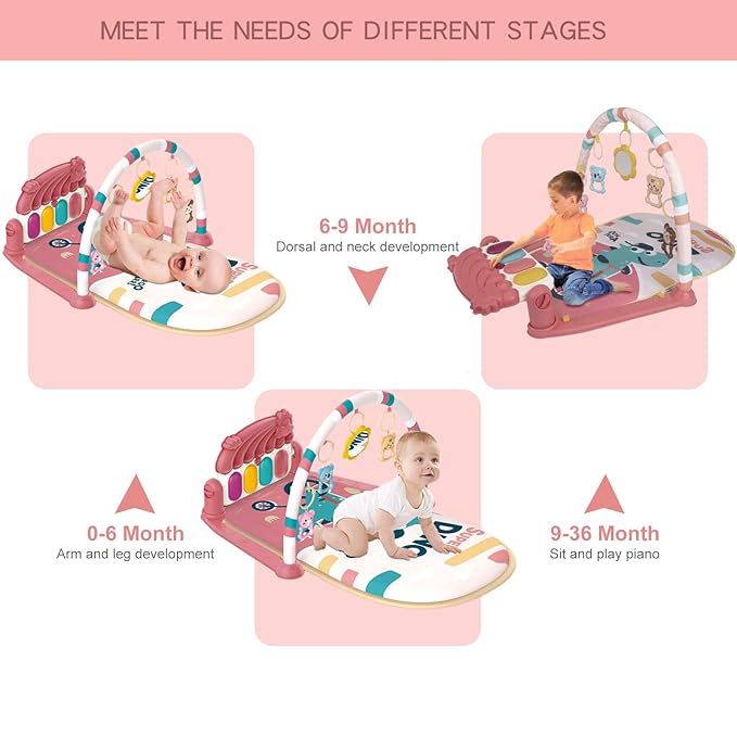dearlomum Play Mat & Activity Gym, Piano Tummy Time Gym Mat with 5 Infant Sensory Toys, Music and Lights, Gifts for Newborns 0–12 Months (Pink)