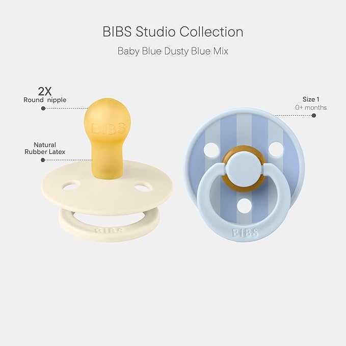 BIBS Pacifiers - Studio 2 Pack | Round Nipple Baby Pacifier | BPA Free Natural Rubber Latex Soother | Made in Denmark | Size 0+ Months | Block Baby Blue Dusty Blue