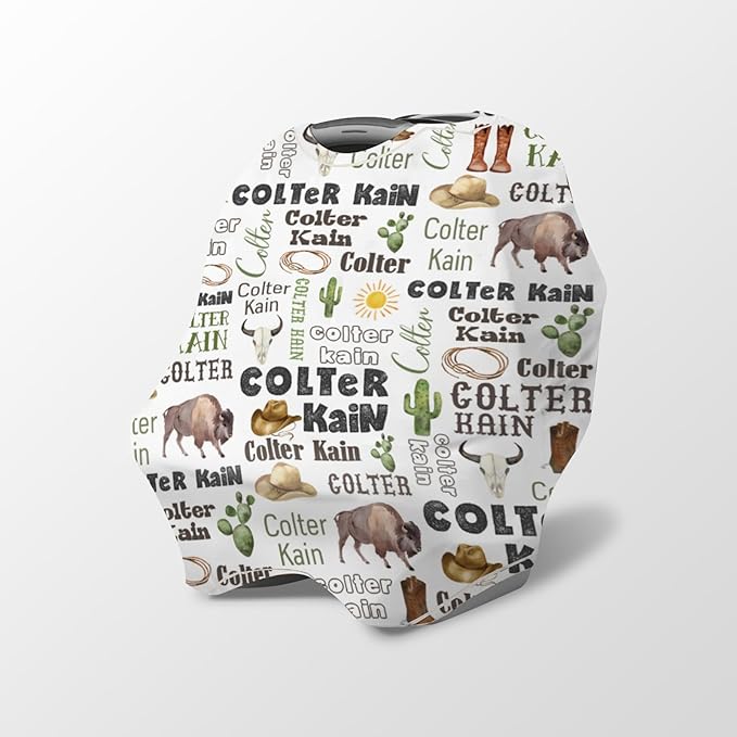 Personalized Baby Car Seat Cover Stroller Canopy: Custom Name Newborn Baby Boy Girl Elastic Cowboy Nursing Cover for Moms First Birthday Gift Animals(one Size)