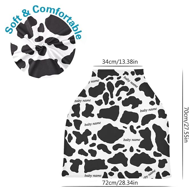 Personalized Baby Car Seat Cover for Babies, Custom Name Baby Car Seats Canopy for Boys Girls, Nursing Breastfeeding Stroller Covers for Infant Newborn, Shower Gift (Cow Print Black)