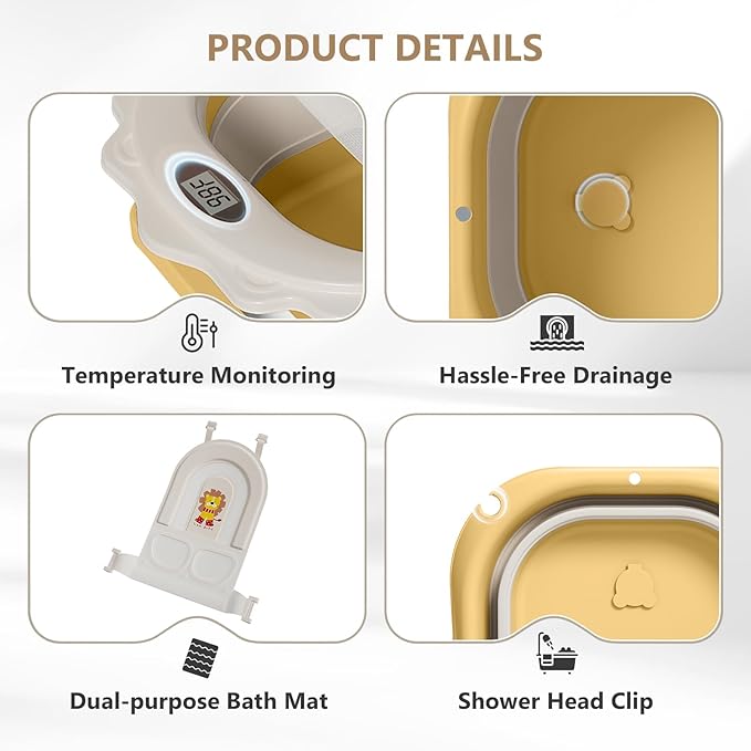MoreFeel Foldable Baby Bathtub with Thermometer - 4-in-1 Grow-with-Me Collapsible Infant Tub (Newborn to Toddler) with Adjustable Mesh Sling - Space Saving Design
