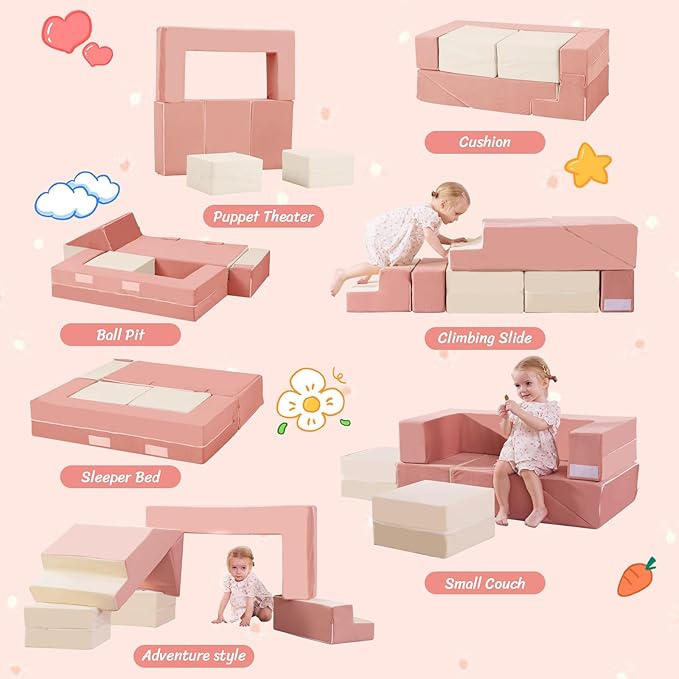 Toddler Foam Climbing Blocks|Modular Kids Soft Play Couch Sofa with 2 Ottomans Indoor,Baby Crawling & Sliding Foldable Soft Play Set with Stair,Beige & Pink