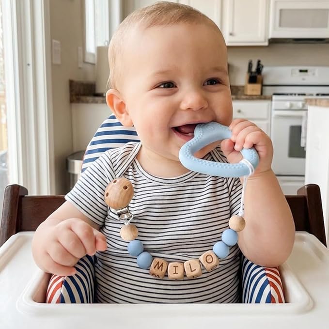 Personalized Baby Pacifier Clip with Name - Custom Wooden Letter & Silicone Beads Chain Holder for Boys Girls Newborn Gift