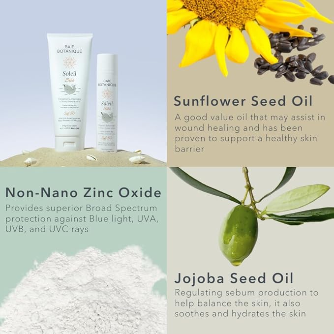 Baie Botanique Soleil Bébé - Organic Non-Toxic Mineral Baby Sunscreen SPF 50 - Sunflower & Jojoba - Unscented - Natural - Vegan - No White Cast - Reef Safe - UVA/UVB - 100g