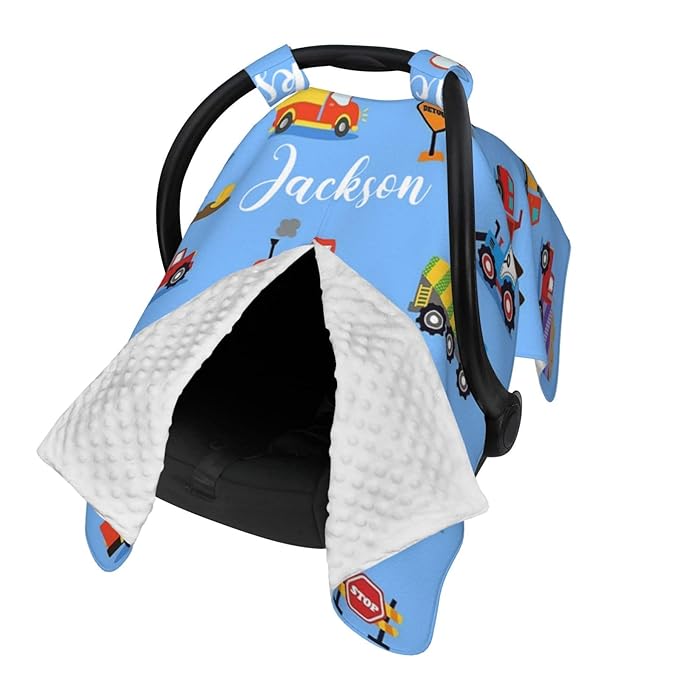 Custom Baby Car Seat Canopy for Babies with Name, Personalized Construction Truck Baby Car Seats Covers for Boys, Opening Minky Nursing Breastfeeding Stroller Cover Infant Carseat Canopies for Newborn