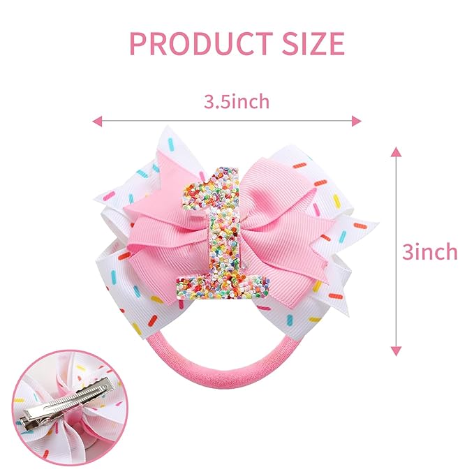 Birthday Hair Bow for Baby Girls - 2Pc Pink Sprinkle Bow Hair headband for 1st Birthday Glitter Ice Cream Baby Bow Party Decorations for Girls Toddlers Hair Accessories (Pink-1 Years-headbands)