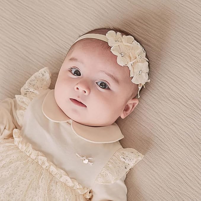 Baby Girl Headband White Lace Hairband Elastics Flower Head Wrap Hair Accessories Gift for Newborn Infant Toddlers Kids Baptism Shower Gift Birthday Wedding Party (Style 3)