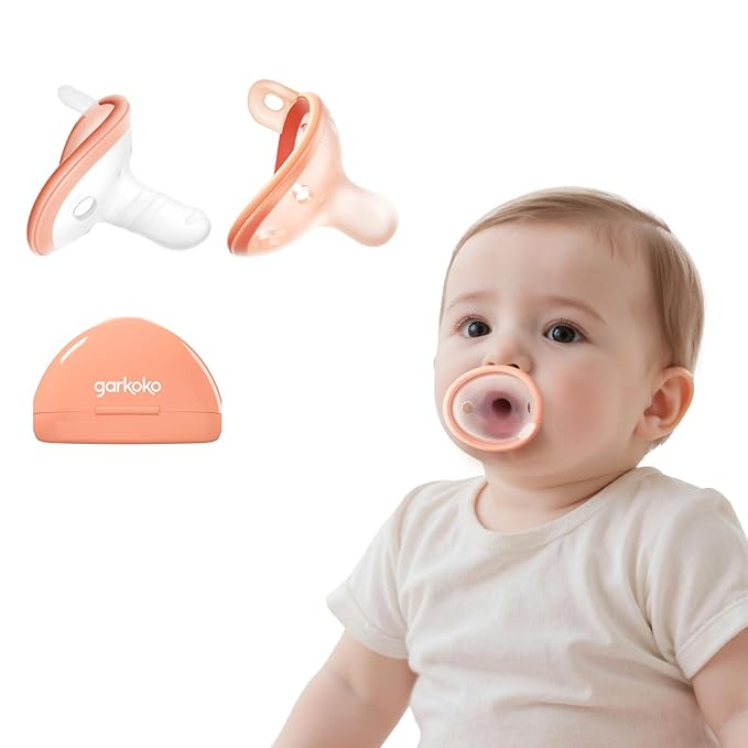 Garkoko Breast & Thumb Inspired Baby Pacifier Set with Case, 2-Pack Soothing Infant Pacifiers, Non-Contact Shield, BPA-Free Food-Grade Silicone