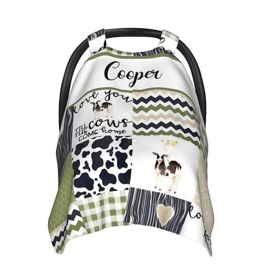 Personalized Baby Car Seat Canopy for Babies, Custom Name Car Seat Covers for Boys and Girls, Opening Minky Nursing Breastfeeding Cover for Infant, Carseat Canopies for Newborn (Farm Cow)
