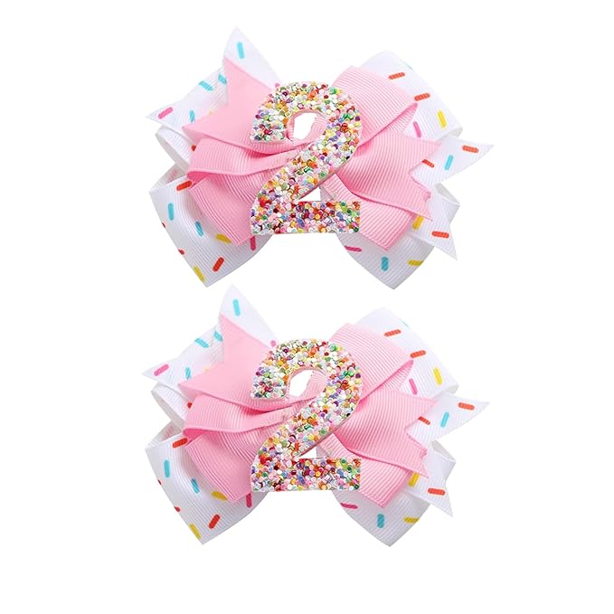 Birthday Hair Clips for Baby Girls - 2Pc Pink Sprinkle Bow Hair Clips for 2nd Birthday Glitter Ice Cream Baby Bow Party Decorations for Girls Toddlers Hair Accessories (Pink-2 Years)