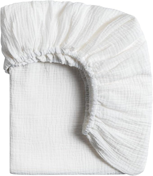 Meracorallo Muslin Mini Crib Sheet, Pack n Play Fitted Sheet, Soft and Breathable Pack and Play Playard Mattress Sheet for Baby Boys and Girls, White