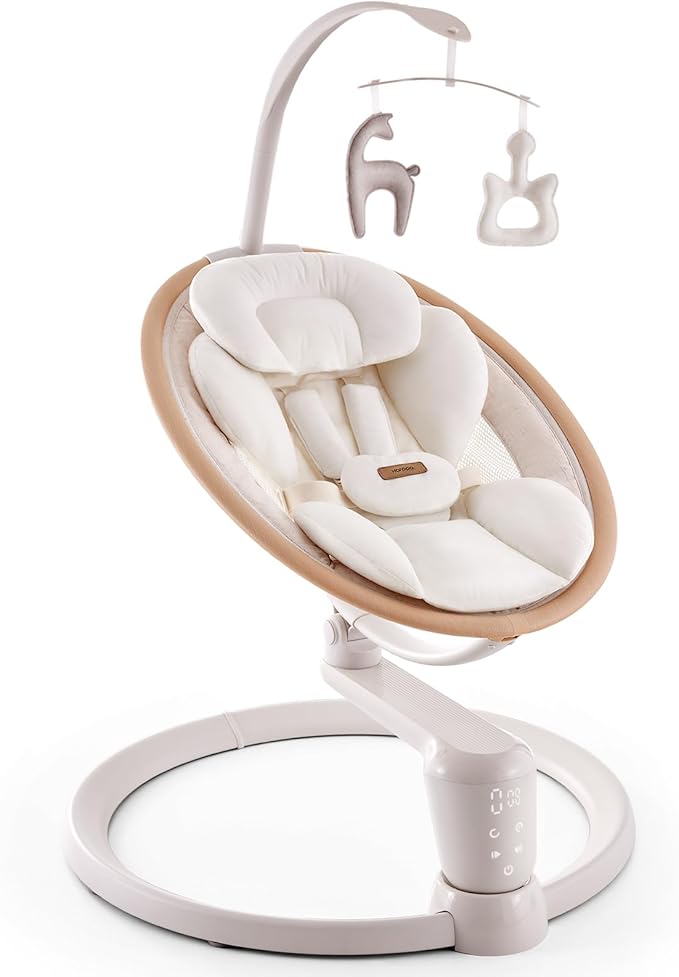 HARPPA Weddell Signature Baby Electric Swing for Newborns and Infants, Elevated Eye-Level Seat, 180° Rotation with Dual Motion, 5-Point Harness, 5 Speeds & Remote Control, Beige
