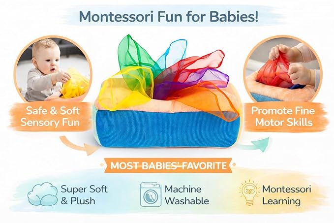 Baby Tissue Box Toy - Montessori Play for Infants and Toddlers - Sensory Textured Box with 12pcs Matching Colorful Scarves and 3pcs Crinkle Paper