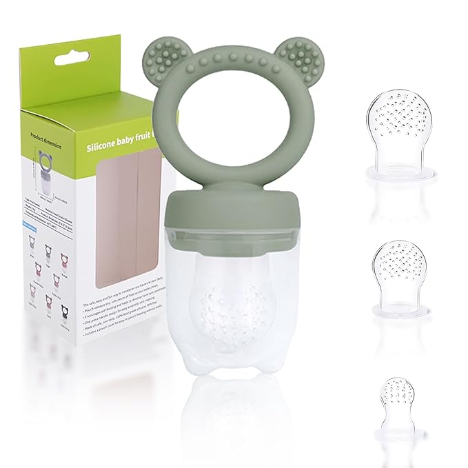 JEXFUN Baby Fruit Food Feeder Pacifier | Silicone Feeder and Teether for Infant Safely Self Feeding | Baby Teething Relief Toy Teether | Includes Additional Silicone Sacs, BPA Free (Sage)