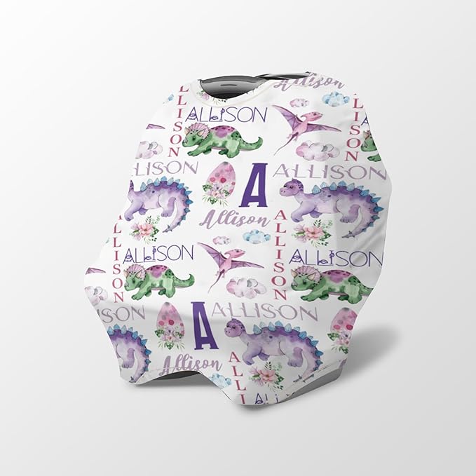 Personalized Baby Car Seat Cover Stroller Canopy: Custom Name Newborn Baby Boy Girl Elastic Dinosaur Nursing Cover for Moms First Birthday Gift Purple(one Size)
