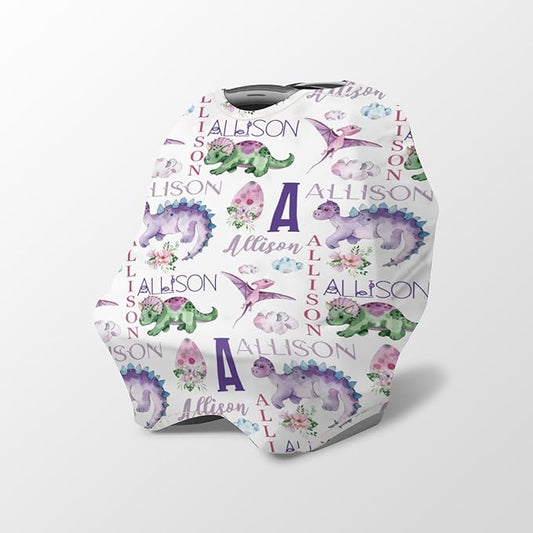 Personalized Baby Car Seat Cover Stroller Canopy: Custom Name Newborn Baby Boy Girl Elastic Dinosaur Nursing Cover for Moms First Birthday Gift Purple(one Size)